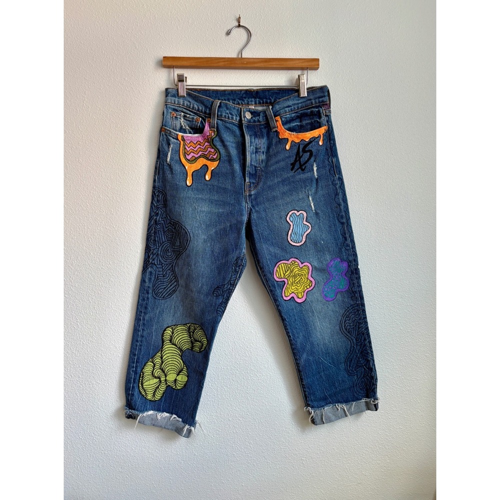 Levis 501 Custom Painted y2k DIY Cartoon Art Cropped Jeans Medium Wash Denim 29 - Picture 2 of 4